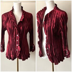 90s Vintage Agora Whimsigoth Burnt Red Metallic Sheen Satin Crinkle Button‎ Up